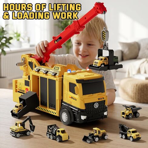 Lehoo Castle Construction Truck Toys for Boys 3 4 5 Years Old, Construction Vehicles with Light & Sound, Crane Truck Toys Birthday Gifts for Kids 3 4 5 Years Old in Kuwait