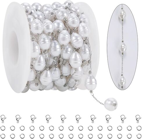 KYUNHOO 16.4 Feet Stainless Steel Chains Bulk Silver Curb Chain Roll Faux Pearl Beaded Jewelry Links with Lobster Clasps Jump Rings for Crafting Supply Jewelry Findings in Saudi Arabia