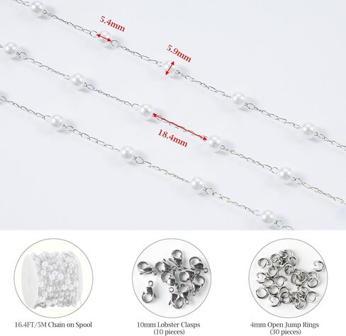 KYUNHOO 16.4 Feet Stainless Steel Chains Bulk Silver Curb Chain Roll Faux Pearl Beaded Jewelry Links with Lobster Clasps Jump Rings for Crafting Supply Jewelry Findings in Saudi Arabia
