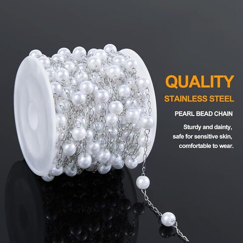KYUNHOO 16.4 Feet Stainless Steel Chains Bulk Silver Curb Chain Roll Faux Pearl Beaded Jewelry Links with Lobster Clasps Jump Rings for Crafting Supply Jewelry Findings in Saudi Arabia