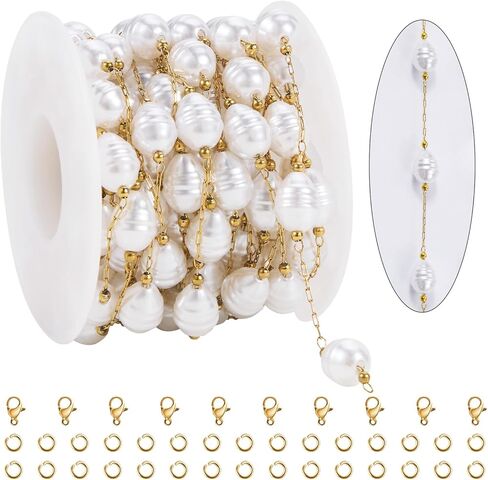 KYUNHOO 16.4 Feet Stainless Steel Chains Bulk Silver Curb Chain Roll Faux Pearl Beaded Jewelry Links with Lobster Clasps Jump Rings for Crafting Supply Jewelry Findings in Saudi Arabia