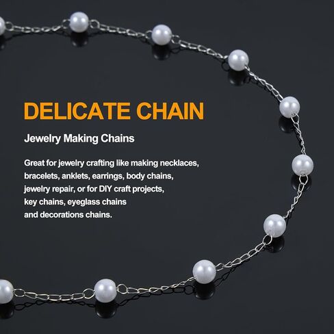 KYUNHOO 16.4 Feet Stainless Steel Chains Bulk Silver Curb Chain Roll Faux Pearl Beaded Jewelry Links with Lobster Clasps Jump Rings for Crafting Supply Jewelry Findings in Saudi Arabia
