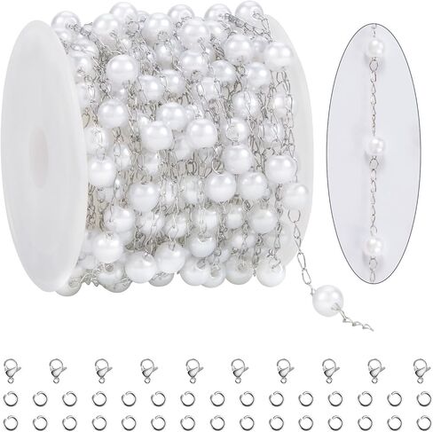 KYUNHOO 16.4 Feet Stainless Steel Chains Bulk Silver Curb Chain Roll Faux Pearl Beaded Jewelry Links with Lobster Clasps Jump Rings for Crafting Supply Jewelry Findings in Saudi Arabia