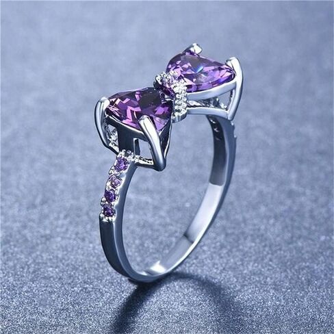 Fashion 925 Stearling Silver Women's Amethyst Ring Shiny Bow Shape Purple Gemstone Color Zircon Full Diamond Princess Ring Propose Engagement Wedding Band Cocktail Party Crystal Ring ST.366 (6) in Saudi Arabia