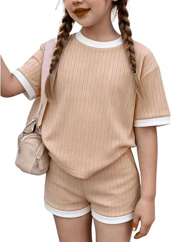 2026 6-12 Years Old Girls 2Pcs Spring Summer Outfits Set Crew Neck Short Sleeve Tops with Pocket Tie-Dye Shorts in Saudi Arabia