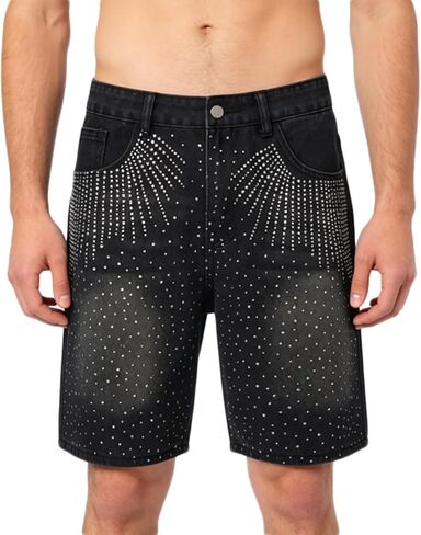 Men's Denim Shorts Rhinestone Decoration Slim High-Street Casual Breathable Jeans Shorts in Saudi Arabia