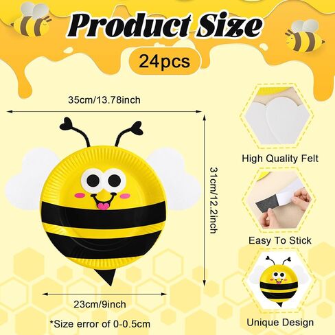 Ceenna 24 Set Bees Sign Craft Kits Bee Paper Plate DIY Felt Bee Cutouts for Summer Honey Baby Shower Birthday Wedding Party Decoraction Crafts Activity Holiday Supplies in Kuwait