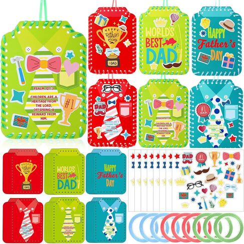 Colarr 48 Pcs DIY Father's Day Card Gifts Craft Kit Dad Trophy Necktie Crafts for Kids Shirt Thank You Card with Sticker Make Your Own Ornaments for Fathers Day Home School Classroom Party Decoration in Kuwait