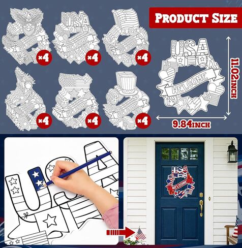 24Pcs Patriotic Coloring Wreath Crafts, 4th of July Color Your Own Paper Crafts Hanging Ornament for Memorial Independence Day Classroom DIY Art Activity Games USA American Holiday Home Decor Supplies in Saudi Arabia