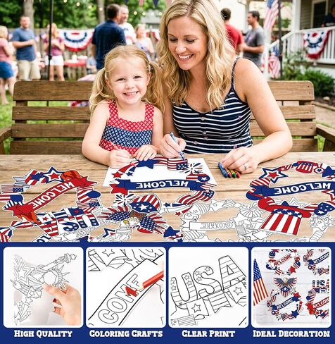 24Pcs Patriotic Coloring Wreath Crafts, 4th of July Color Your Own Paper Crafts Hanging Ornament for Memorial Independence Day Classroom DIY Art Activity Games USA American Holiday Home Decor Supplies in Saudi Arabia
