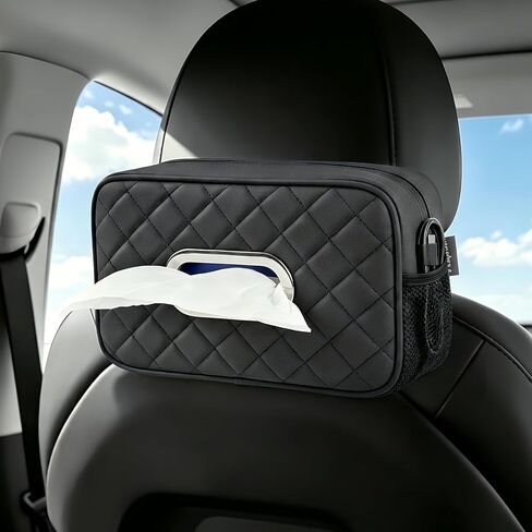 Car Tissue Holder, Diamond-Quilted Stitching Tissue Box Cover with 2 Mesh Storage Pockets, PU Leather Rectangle Napkin Organizer Fit for 90-160 Regular Size Tissues,Black in Saudi Arabia