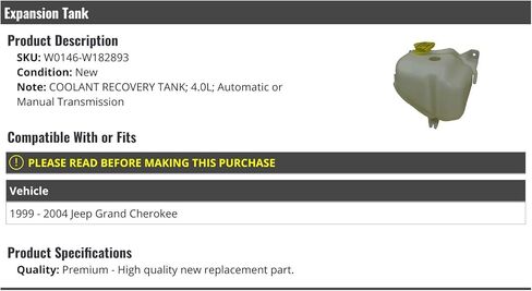 Radiator Coolant Overflow Expansion Tank - Compatible with 1999-2004 Jeep Grand Cherokee 4.0L V6 in Kuwait