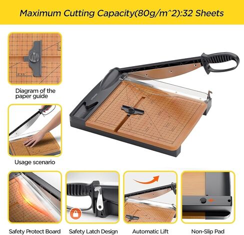 12'' Wood Guillotine Paper Cutter, Heavy Duty Wood Base Paper Trimmer with 30-32 Sheets Capacity Paper Cutting Board for Classroom, Crafting, Cardstock (Gray) in Saudi Arabia