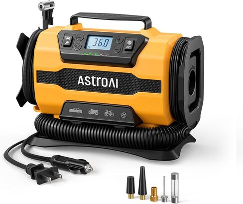 AstroAI Tire Inflator Portable Air Compressor, 150PSI 12V DC/110V AC Air Pump with Dual Metal Motors & LED Light, Two Modes for Car Tires, Bikes, Air Mattresses & Home Use, Compact Design, Yellow in Kuwait