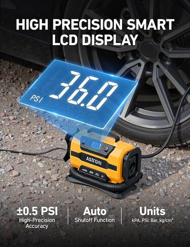 AstroAI Tire Inflator Portable Air Compressor, 150PSI 12V DC/110V AC Air Pump with Dual Metal Motors & LED Light, Two Modes for Car Tires, Bikes, Air Mattresses & Home Use, Compact Design, Yellow in Kuwait