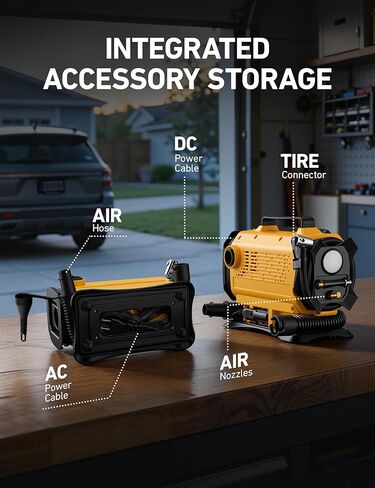 AstroAI Tire Inflator Portable Air Compressor, 150PSI 12V DC/110V AC Air Pump with Dual Metal Motors & LED Light, Two Modes for Car Tires, Bikes, Air Mattresses & Home Use, Compact Design, Yellow in Kuwait