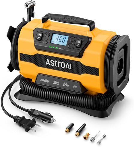 AstroAI Tire Inflator Portable Air Compressor, 150PSI 12V DC/110V AC Air Pump with Dual Metal Motors & LED Light, Two Modes for Car Tires, Bikes, Air Mattresses & Home Use, Compact Design, Yellow in Kuwait