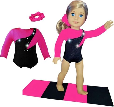 Sparkling Success: 2026 American Doll Girl Pink Gymnastics Clothes Set with Leotard, Mat, Olympic Medal and Hair Accessory. 4 PCS in All! Doll Not Included in Kuwait