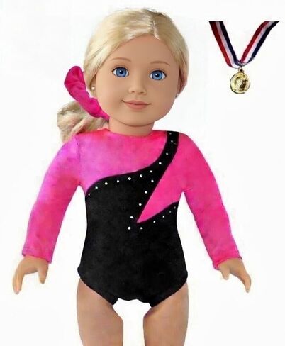 Sparkling Success: 2026 American Doll Girl Pink Gymnastics Clothes Set with Leotard, Mat, Olympic Medal and Hair Accessory. 4 PCS in All! Doll Not Included in Kuwait