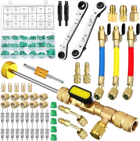 Tujoe 47 Pcs Charging Hoses with Ball Valve and R410a Split Adapter Kit, R134a R410a R22 R12 Hoses, Valve Core Remover Installer Tool 1/4'' 3/8'' 3/16'' Repair Wrench with Hex Bit(Classic Style) in Kuwait