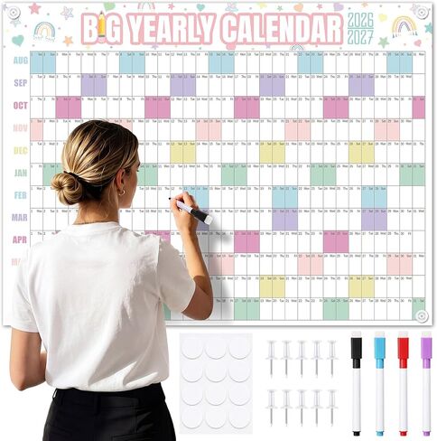 Thenshop Large Dry Erase Wall Calendar 2026-2027 33'' x 44'' Yearly Wall Calendar Aug 2026 - July 2027 Includes Pins Marker for Classrooms Home School Office(Pastel) in Kuwait