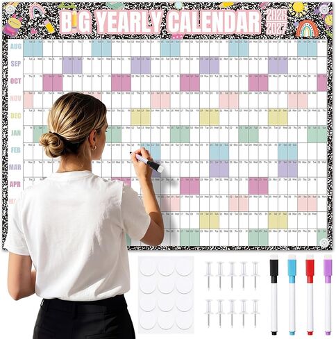 Thenshop Large Dry Erase Wall Calendar 2026-2027 33'' x 44'' Yearly Wall Calendar Aug 2026 - July 2027 Includes Pins Marker for Classrooms Home School Office(Pastel) in Kuwait