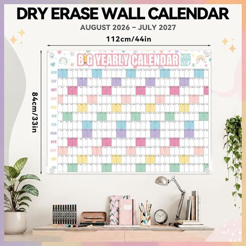 Thenshop Large Dry Erase Wall Calendar 2026-2027 33'' x 44'' Yearly Wall Calendar Aug 2026 - July 2027 Includes Pins Marker for Classrooms Home School Office(Pastel) in Kuwait