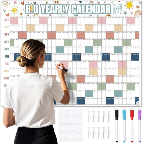 Thenshop Large Dry Erase Wall Calendar 2026-2027 33'' x 44'' Yearly Wall Calendar Aug 2026 - July 2027 Includes Pins Marker for Classrooms Home School Office(Pastel) in Kuwait