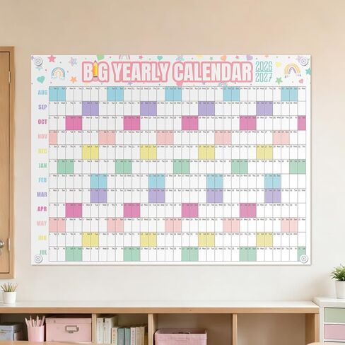 Thenshop Large Dry Erase Wall Calendar 2026-2027 33'' x 44'' Yearly Wall Calendar Aug 2026 - July 2027 Includes Pins Marker for Classrooms Home School Office(Pastel) in Kuwait