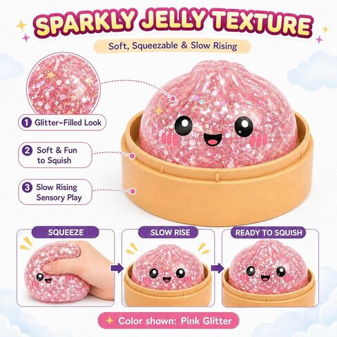 Glitter Dumpling Squishy - Soft TPR Bao Bun Squeeze Toy with Sparkly Filling, Stress Relief Sensory Fidget Toy, Cute Shiny Desk Toy, Collectible Gift for Teens and Adults (Pink) in Saudi Arabia