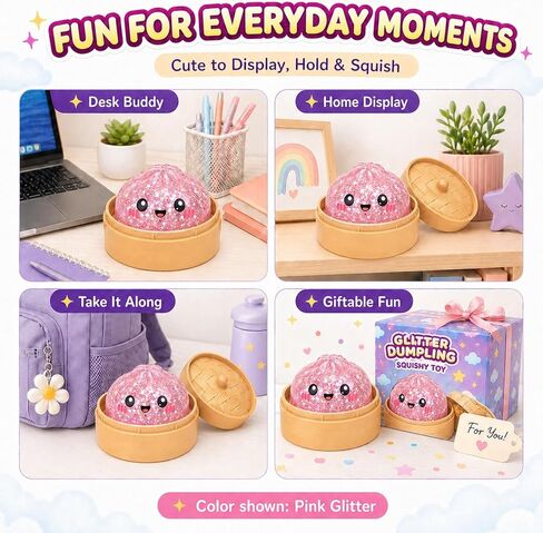 Glitter Dumpling Squishy - Soft TPR Bao Bun Squeeze Toy with Sparkly Filling, Stress Relief Sensory Fidget Toy, Cute Shiny Desk Toy, Collectible Gift for Teens and Adults (Pink) in Saudi Arabia