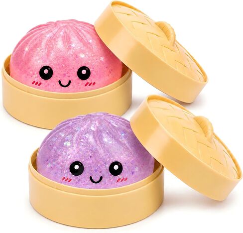2 PCS Glitter Pink & Purple Mystery Dumpling Squishies with Steamer Box, Soft Stretchy Bao Bun Stress Relief Balls, Sensory Fidget Squeeze Toys for Anxiety Relief, Decompression Desk Toys in Saudi Arabia
