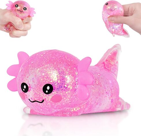 Lying Axolotl Squishy Toy - 1 Pcs Glitter Slow Rising Squeeze Toy, Maltose Filled TPR Stress Relief Fidget Toy, Cute Transparent Handheld Desk Pet Sensory Toy, Age 3+ (Pink) in Saudi Arabia