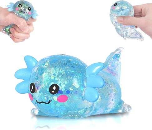 Lying Axolotl Squishy Toy - 1 Pcs Glitter Slow Rising Squeeze Toy, Maltose Filled TPR Stress Relief Fidget Toy, Cute Transparent Handheld Desk Pet Sensory Toy, Age 3+ (Pink) in Saudi Arabia
