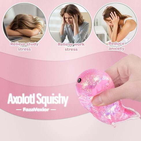 Lying Axolotl Squishy Toy - 1 Pcs Glitter Slow Rising Squeeze Toy, Maltose Filled TPR Stress Relief Fidget Toy, Cute Transparent Handheld Desk Pet Sensory Toy, Age 3+ (Pink) in Saudi Arabia