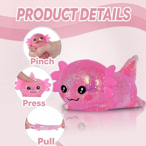Lying Axolotl Squishy Toy - 1 Pcs Glitter Slow Rising Squeeze Toy, Maltose Filled TPR Stress Relief Fidget Toy, Cute Transparent Handheld Desk Pet Sensory Toy, Age 3+ (Pink) in Saudi Arabia