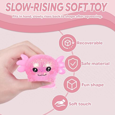 Lying Axolotl Squishy Toy - 1 Pcs Glitter Slow Rising Squeeze Toy, Maltose Filled TPR Stress Relief Fidget Toy, Cute Transparent Handheld Desk Pet Sensory Toy, Age 3+ (Pink) in Saudi Arabia