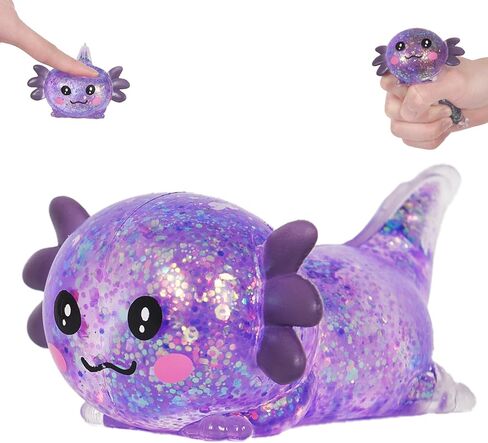 Lying Axolotl Squishy Toy - 1 Pcs Glitter Slow Rising Squeeze Toy, Maltose Filled TPR Stress Relief Fidget Toy, Cute Transparent Handheld Desk Pet Sensory Toy, Age 3+ (Pink) in Saudi Arabia