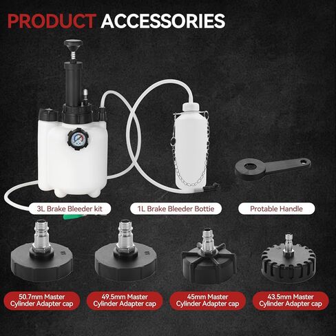 3L Manual Brake Bleeder Kit with Vacuum Pump - 1L Waste Bottle, 4 Upgraded Master Cylinder Adapters & 2 Brake Hoses, One-Person Operation Brake Fluid Bleeding Tool for Most Vehicles in Saudi Arabia