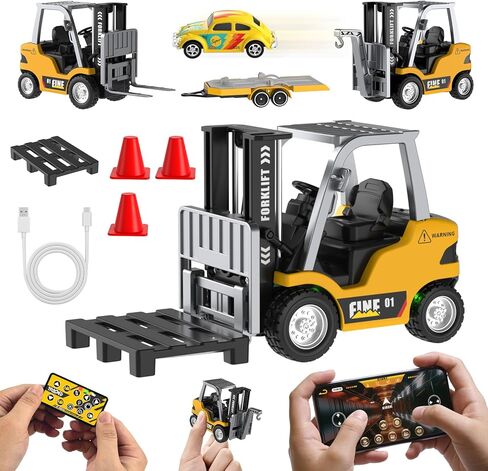 شاحنة RC صغيرة، لعبة رافعة شوكية RC بمقياس 1:64، مركبة كهربائية مع جهاز تحكم عن بعد 2.4 جيجا هرتز، 2 في 1 سيارات RC ترفع شوكة وخطاف مع أضواء وأصوات لهدايا عيد ميلاد للأولاد والبنات من عمر 3 4 5 6 سنوات in Kuwait