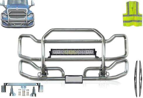Chrome Front Grille Deer Moose Brush Bumper Guard Large Compatible with International LT LT625 (plastic bumper) PLUS Bracket, Logo, 22" LED Bar, Wipers, License Plate Holder and Frame, Vest in Saudi Arabia