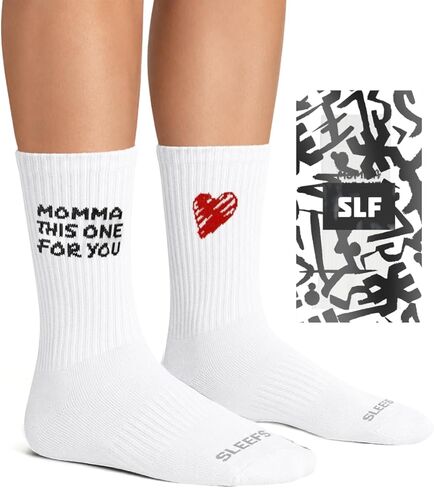 SLEEFS Men's Crew Socks - High Performance, Designed for Athletic/Sport Wear - Momma This One For You - Cushioned Heel, Pro-Quality Polyblend [1 Pair - White] in Saudi Arabia