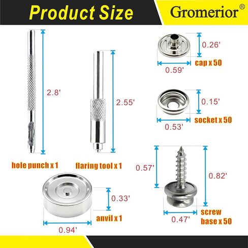 Premium 50 Sets(150Pcs) Snap Button Kit, 15mm Marine Grade Stainless Steel Canvas Snap Kit with 3 Setting Tools, Heavy Duty Snap Fastener Kit for Boat Covers Tarps Fabric Outdoor DIY Repair in Saudi Arabia