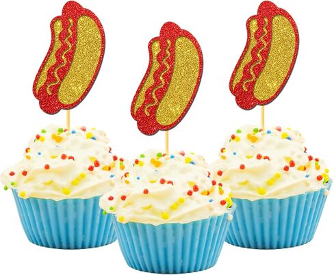 Hotdog Decorations, 24pcs Hotdog Cupcake Toppers Hot Dog Day Fast Food Decorations Hot Dog Birthday Hotdog Bar Party Supplies for Food Themed Party Baby Shower in Saudi Arabia