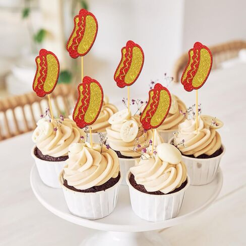 Hotdog Decorations, 24pcs Hotdog Cupcake Toppers Hot Dog Day Fast Food Decorations Hot Dog Birthday Hotdog Bar Party Supplies for Food Themed Party Baby Shower in Saudi Arabia