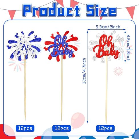 sannix 36pcs يوم الاستقلال كب كيك القبعات العالية استحمام الطفل الألعاب النارية كب كيك يختار الأحمر الأبيض والأزرق زينة دش الطفل ل4 يوليو لوازم الحفلات تفضل ديكور كعكة عيد الميلاد الأول in Kuwait