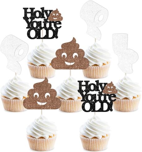 زينة عيد ميلاد مضحكة، 24 قطعة من Holy Shit You're Old Themed Cupcake Topper بريق ديكور الكيك تم تجميعها مسبقًا للرجال والنساء في الأربعينيات والخمسينيات والستينيات والسبعينيات من العمر لوازم زينة حفلات أعياد الميلاد in Kuwait