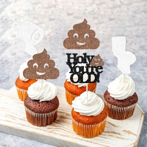 زينة عيد ميلاد مضحكة، 24 قطعة من Holy Shit You're Old Themed Cupcake Topper بريق ديكور الكيك تم تجميعها مسبقًا للرجال والنساء في الأربعينيات والخمسينيات والستينيات والسبعينيات من العمر لوازم زينة حفلات أعياد الميلاد in Kuwait