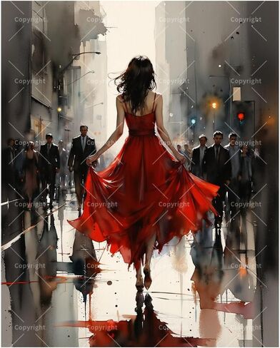 Urban Fashion Paint by Numbers Kit for Adults on Wood Board – DIY Woman in Red Dress Walking City Wood Craft Painting Kit, 12 in Round, Acrylic Paint Set, Beginner-Friendly, Relaxing Home Decor Gift in Kuwait