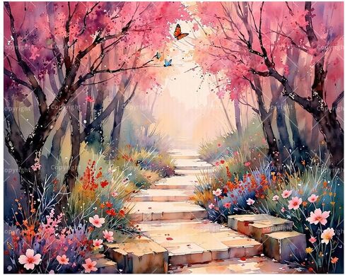 Flower Pathway Paint by Numbers Kit for Adults on Wood Board – DIY Cherry Blossom with Butterfly Wood Craft Painting Kit, 12 in Round, Acrylic Paint Set, Beginner-Friendly, Relaxing Home Decor Gift in Kuwait
